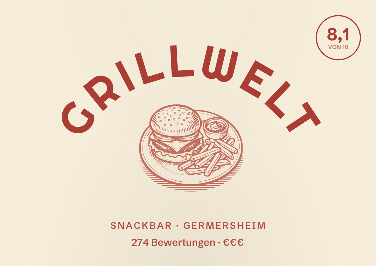 Illustriertes Poster von Grillwelt, Snackbar in Germersheim: Bewertung 8,1 von 10 aus 274 Bewertungen, Preisniveau €€€