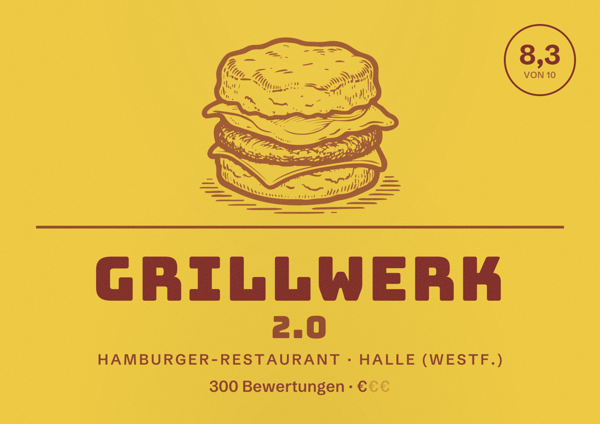 Illustriertes Poster von Grillwerk 2.0, Hamburger-Restaurant in Halle (Westf.): Bewertung 8,3 von 10 aus 300 Bewertungen, Preisniveau €