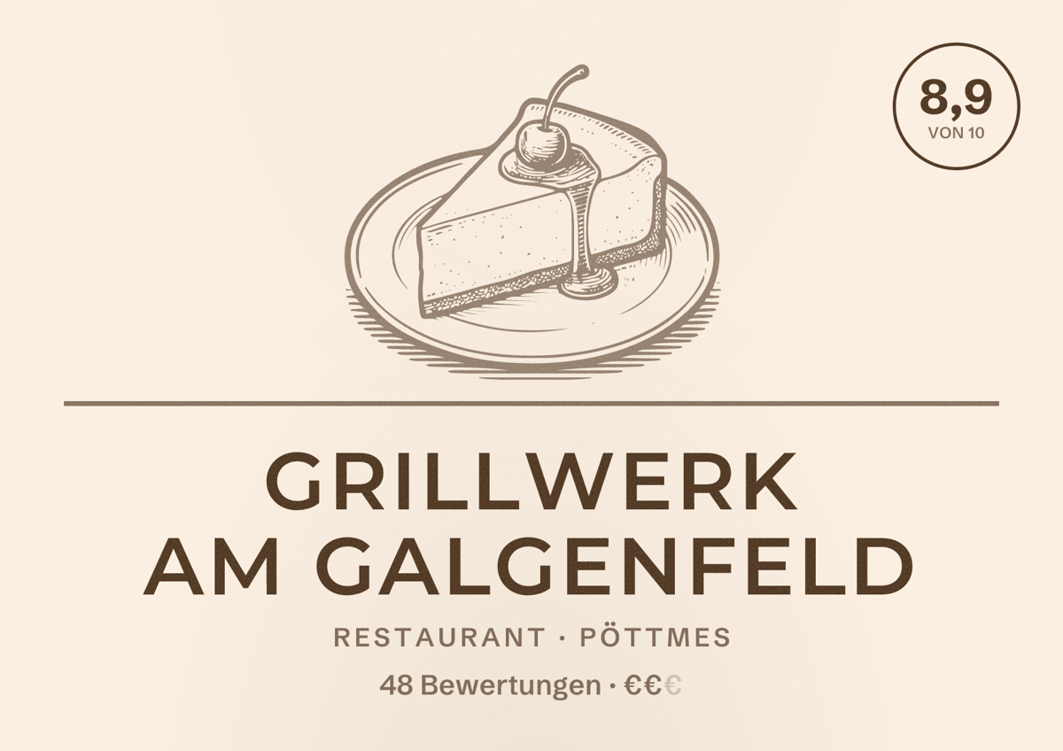 Illustriertes Poster von Grillwerk am Galgenfeld, Restaurant in Pöttmes: Bewertung 8,9 von 10 aus 48 Bewertungen, Preisniveau €€