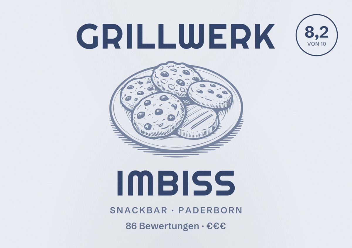 Illustriertes Poster von Grillwerk Imbiss, Snackbar in Paderborn: Bewertung 8,2 von 10 aus 86 Bewertungen, Preisniveau €€€