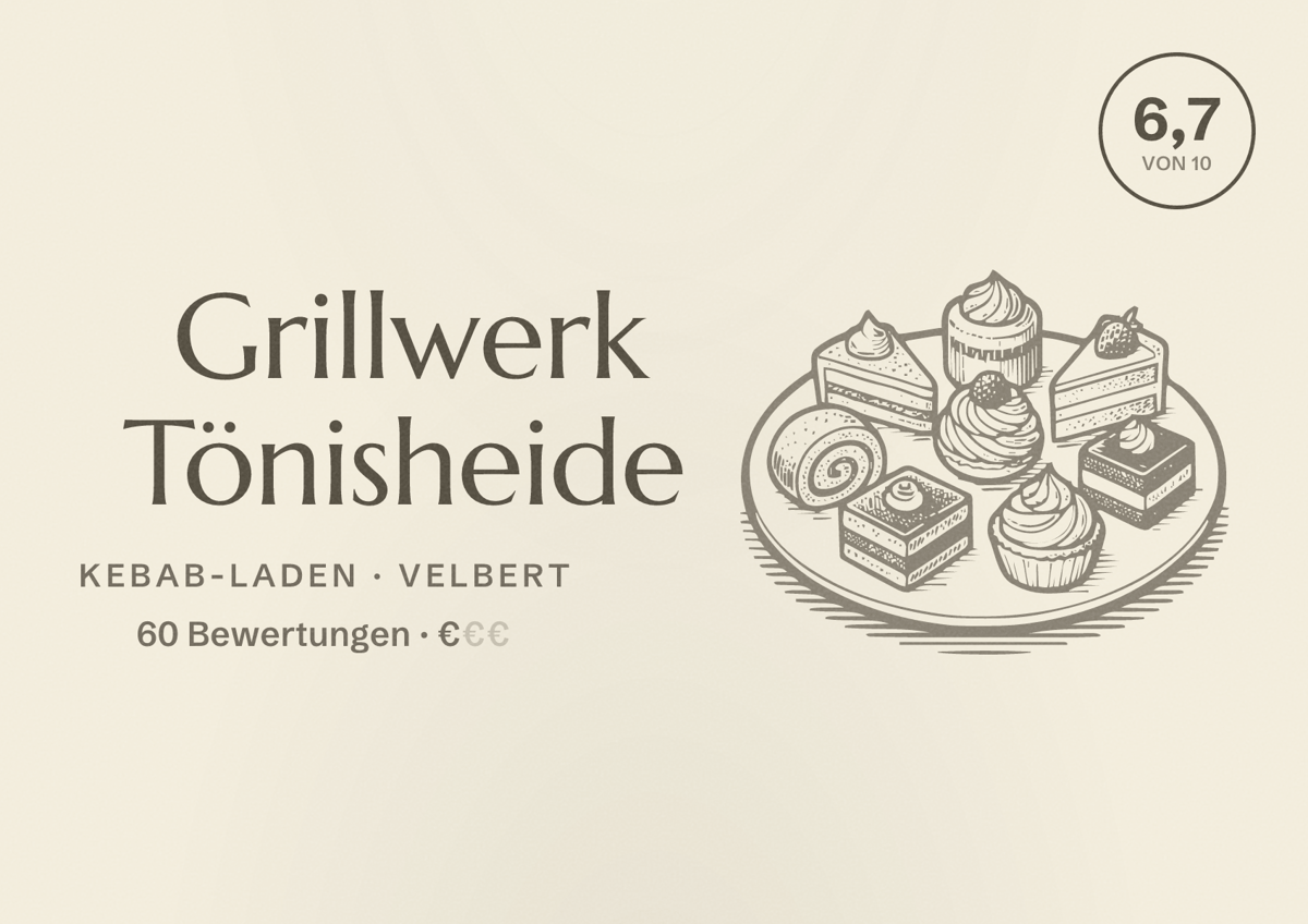 Illustriertes Poster von Grillwerk Tönisheide, Kebab-Laden in Velbert: Bewertung 6,7 von 10 aus 60 Bewertungen, Preisniveau €