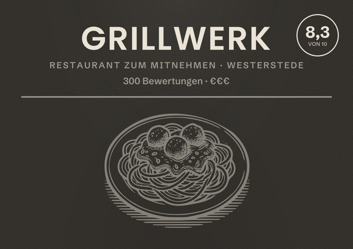 Illustriertes Poster von GRILLWERK, Restaurant zum Mitnehmen in Westerstede: Bewertung 8,3 von 10 aus 300 Bewertungen, Preisniveau €€€