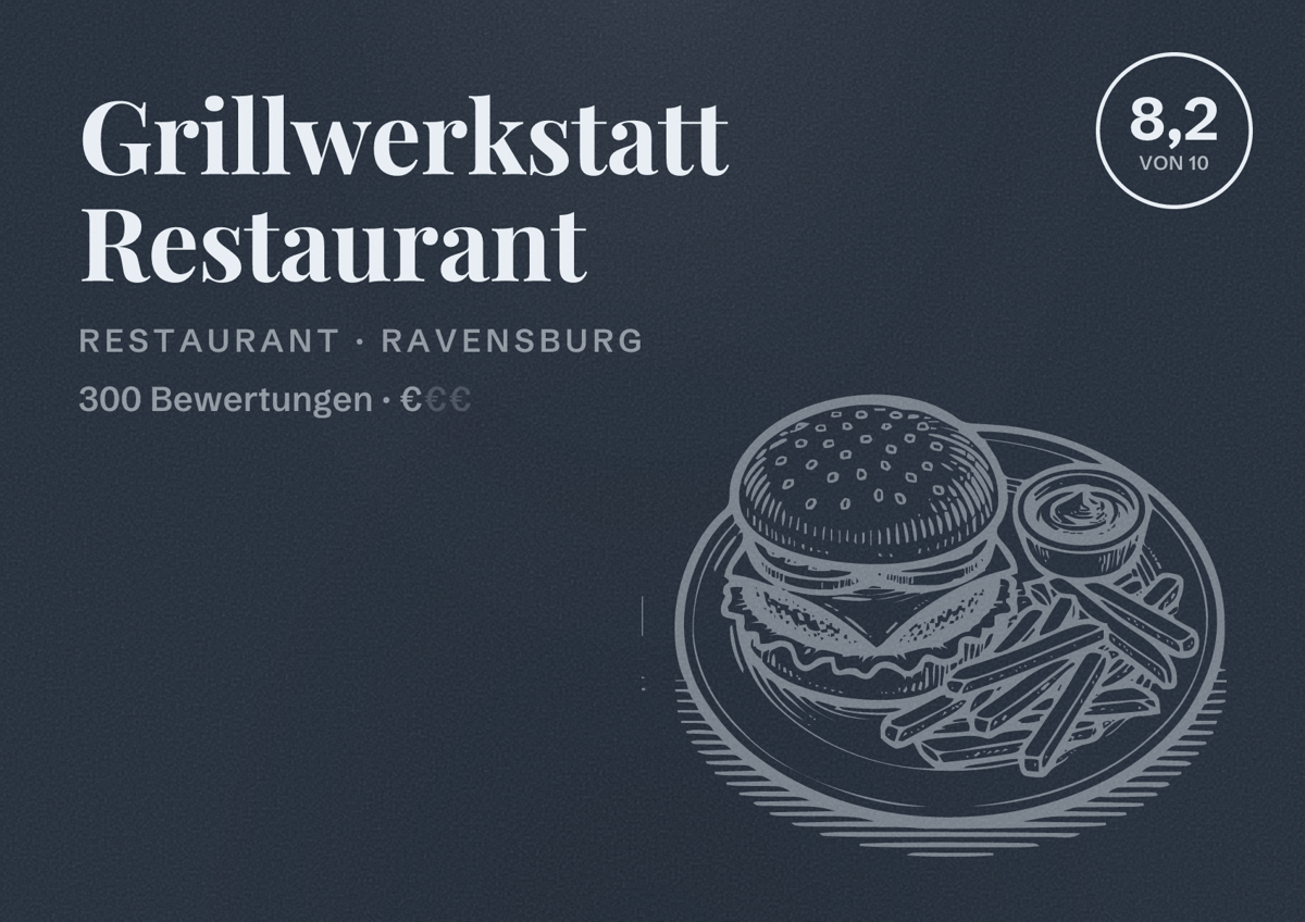 Illustriertes Poster von Grillwerkstatt Restaurant, Restaurant in Ravensburg: Bewertung 8,2 von 10 aus 300 Bewertungen, Preisniveau €