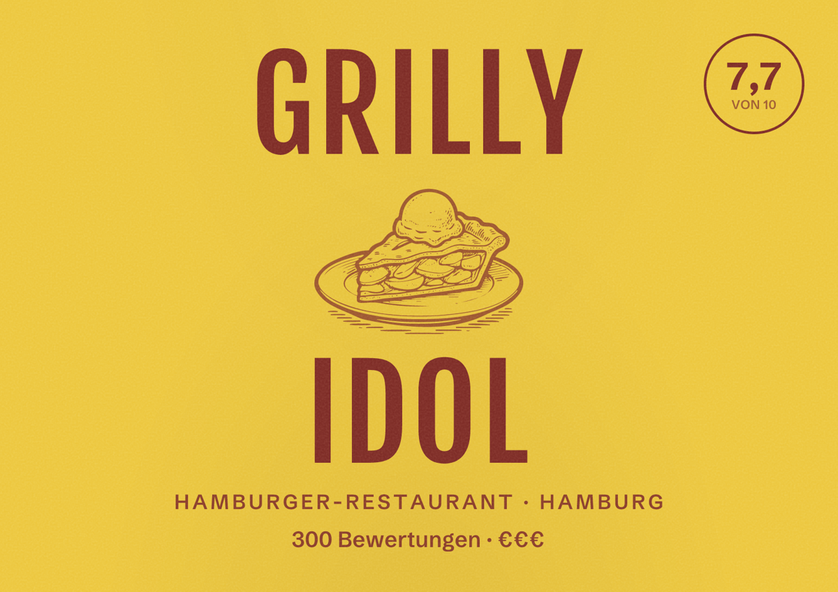 Illustriertes Poster von Grilly Idol, Hamburger-Restaurant in Hamburg: Bewertung 7,7 von 10 aus 300 Bewertungen, Preisniveau €€€
