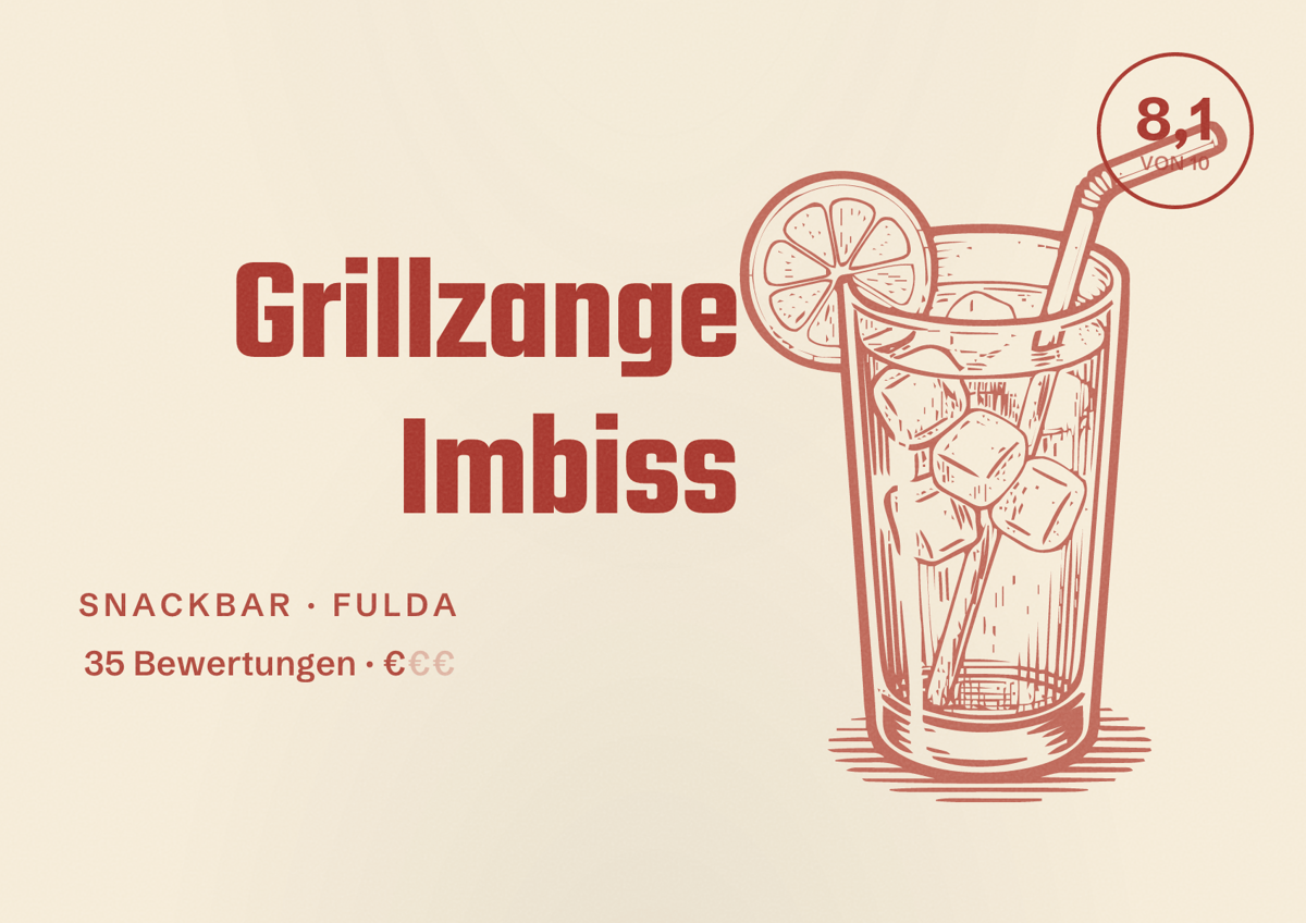 Illustriertes Poster von Grillzange Imbiss, Snackbar in Fulda: Bewertung 8,1 von 10 aus 35 Bewertungen, Preisniveau €