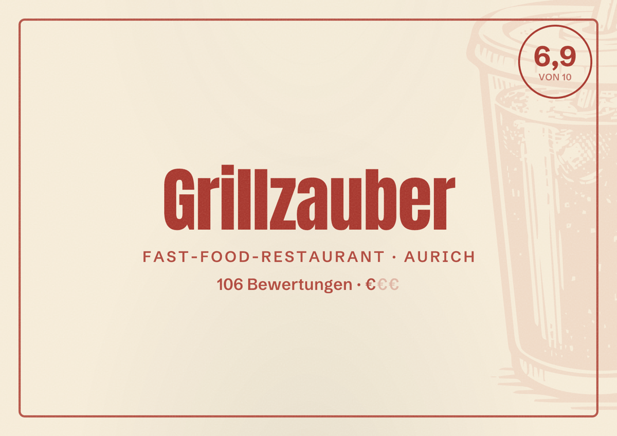 Illustriertes Poster von Grillzauber, Fast-Food-Restaurant in Aurich: Bewertung 6,9 von 10 aus 106 Bewertungen, Preisniveau €