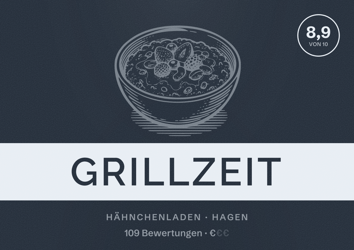 Illustriertes Poster von Grillzeit, Hähnchenladen in Hagen: Bewertung 8,9 von 10 aus 109 Bewertungen, Preisniveau €