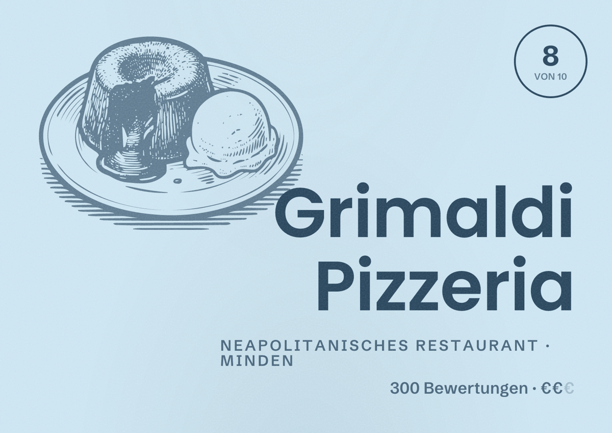Illustriertes Poster von Grimaldi Pizzeria, Neapolitanisches Restaurant in Minden: Bewertung 8 von 10 aus 300 Bewertungen, Preisniveau €€