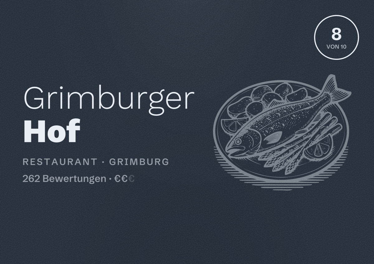 Illustriertes Poster von Grimburger Hof, Restaurant in Grimburg: Bewertung 8 von 10 aus 262 Bewertungen, Preisniveau €€