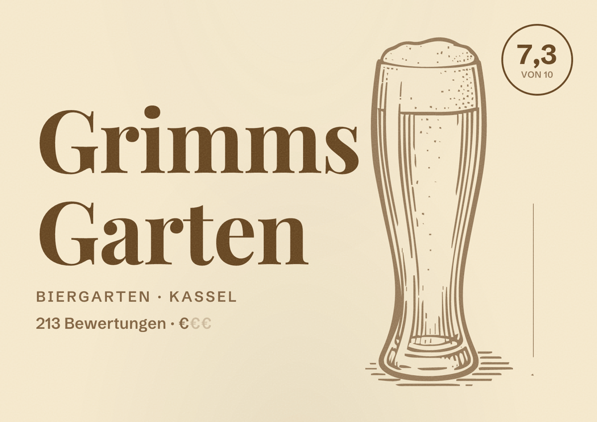 Illustriertes Poster von Grimms Garten, Biergarten in Kassel: Bewertung 7,3 von 10 aus 213 Bewertungen, Preisniveau €