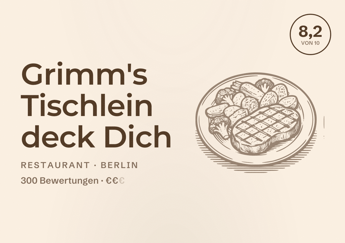 Illustriertes Poster von Grimm's Tischlein deck Dich, Restaurant in Berlin: Bewertung 8,2 von 10 aus 300 Bewertungen, Preisniveau €€