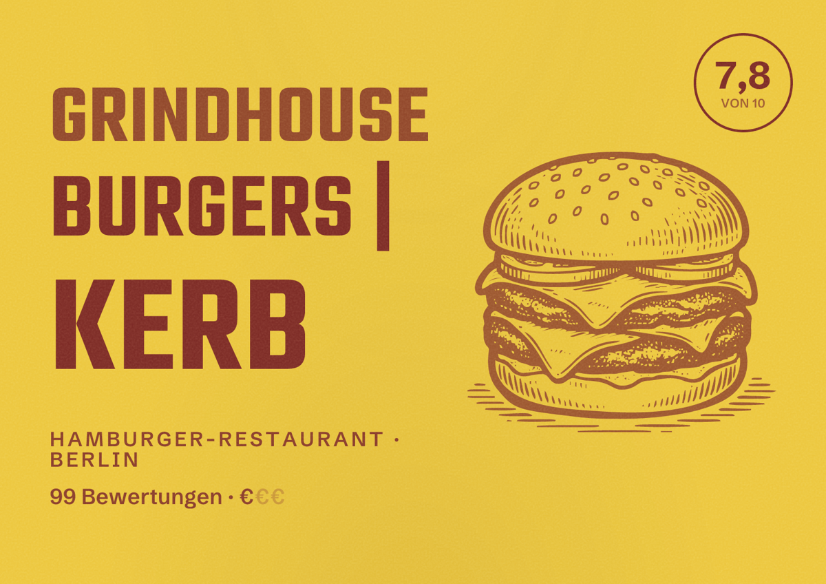 Illustriertes Poster von Grindhouse Burgers | KERB, Hamburger-Restaurant in Berlin: Bewertung 7,8 von 10 aus 99 Bewertungen, Preisniveau €