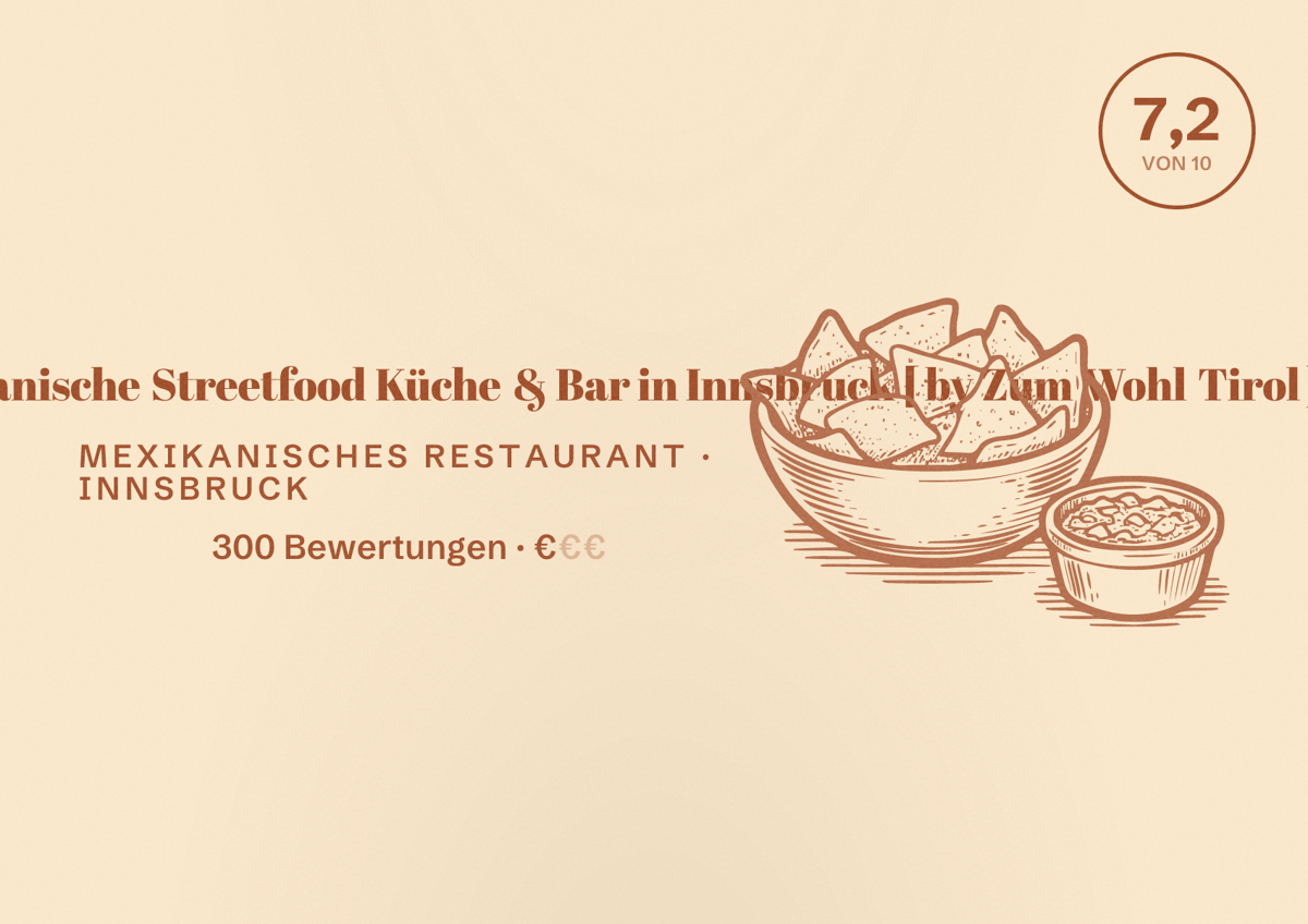 Illustriertes Poster von Gringo‘s Tacoria - Mexikanische Streetfood Küche & Bar in Innsbruck [ by Zum Wohl Tirol ], Mexikanisches Restaurant in Innsbruck: Bewertung 7,2 von 10 aus 300 Bewertungen, Preisniveau €