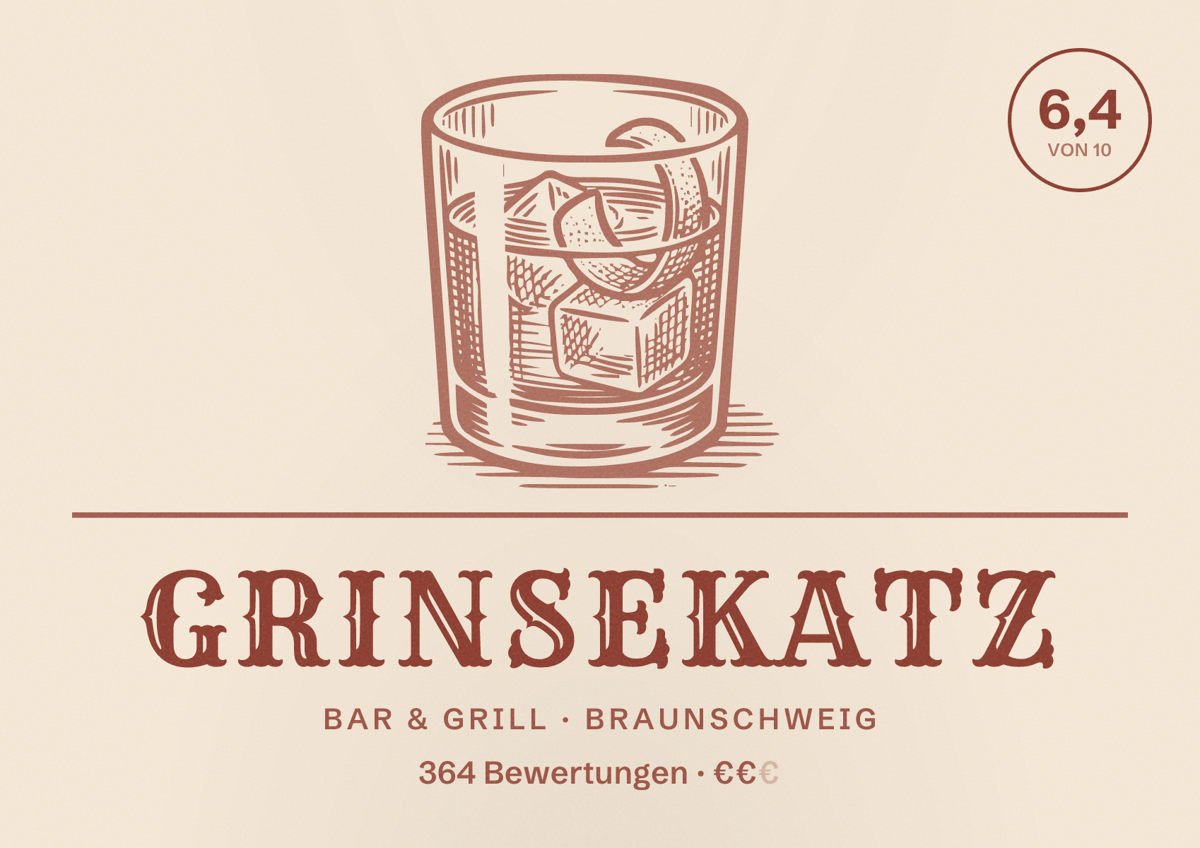 Illustriertes Poster von Grinsekatz, Bar & Grill in Braunschweig: Gästebewertung 6,4 von 10 aus 364 Bewertungen