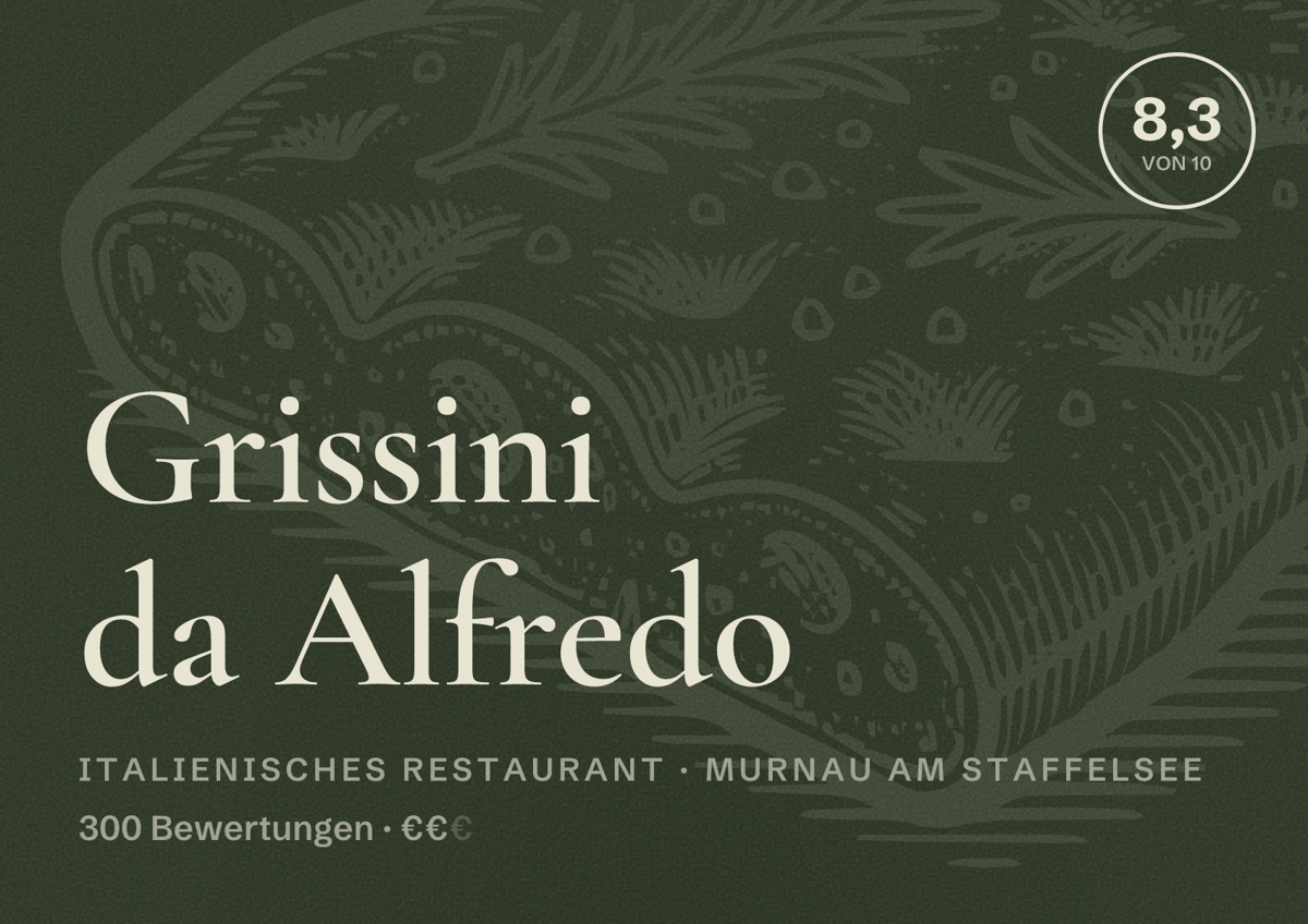Illustriertes Poster von Grissini da Alfredo, Italienisches Restaurant in Murnau am Staffelsee: Bewertung 8,3 von 10 aus 300 Bewertungen, Preisniveau €€