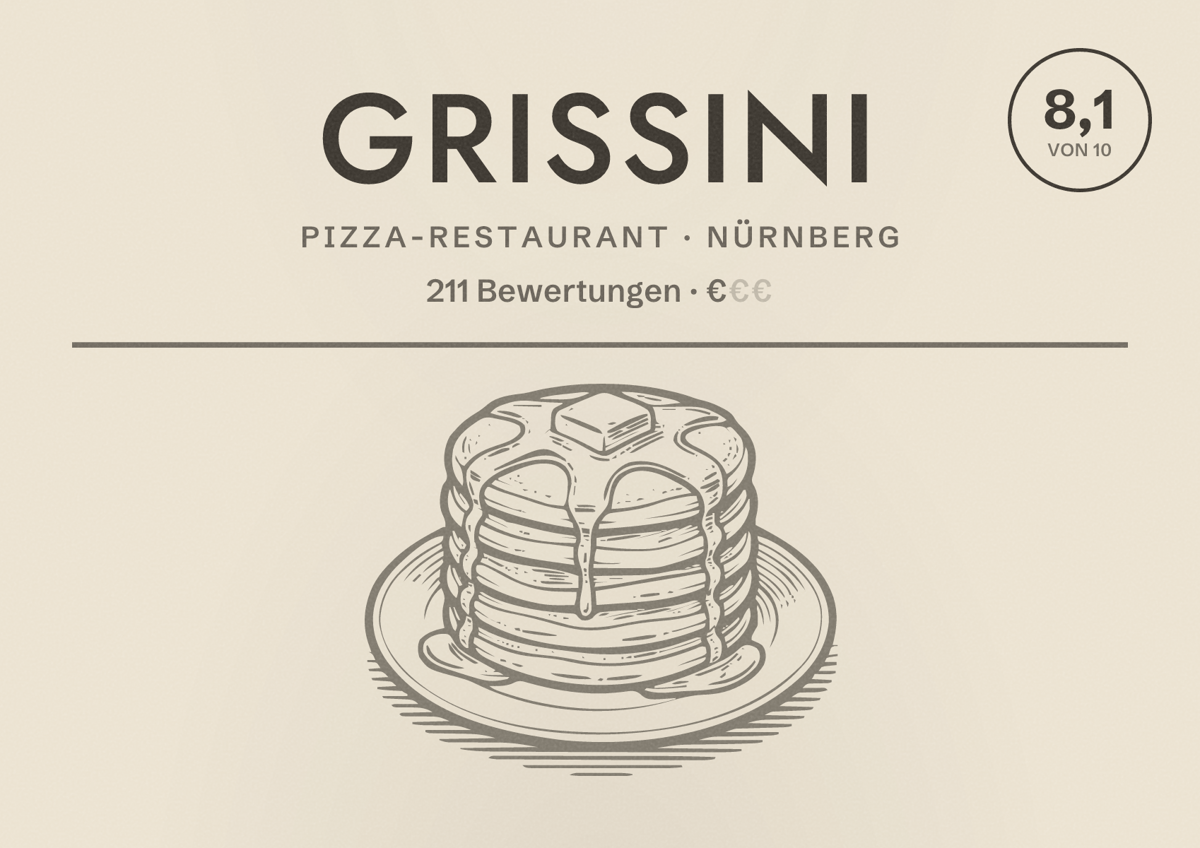 Illustriertes Poster von Grissini, Pizza-Restaurant in Nürnberg: Bewertung 8,1 von 10 aus 211 Bewertungen, Preisniveau €