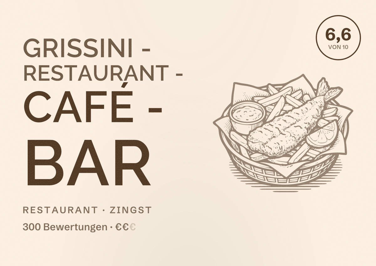 Illustriertes Poster von Grissini - Restaurant - Café - Bar, Restaurant in Zingst: Bewertung 6,6 von 10 aus 300 Bewertungen, Preisniveau €€