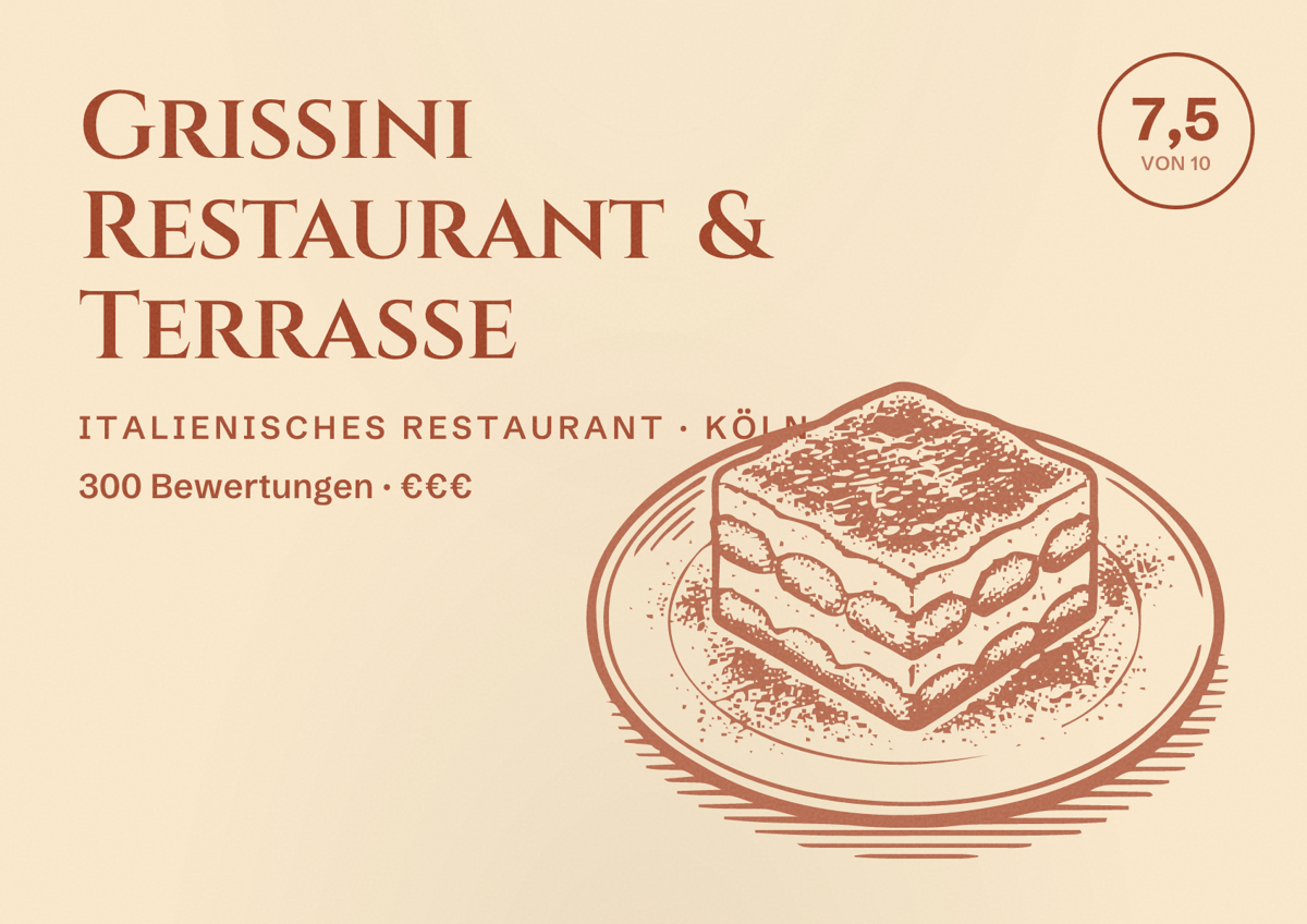 Illustriertes Poster von Grissini Restaurant & Terrasse, Italienisches Restaurant in Köln: Bewertung 7,5 von 10 aus 300 Bewertungen, Preisniveau €€€