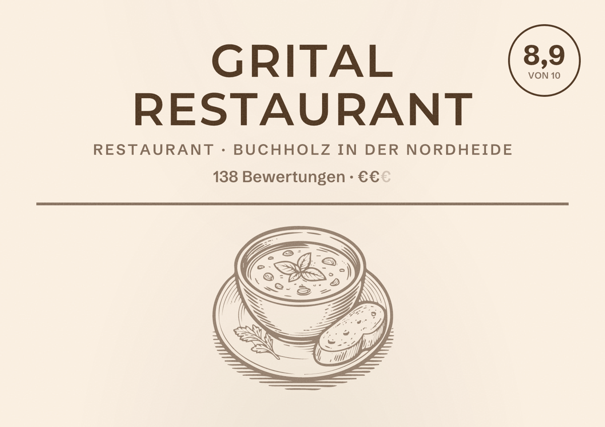 Illustriertes Poster von Grital Restaurant, Restaurant in Buchholz in der Nordheide: Bewertung 8,9 von 10 aus 138 Bewertungen, Preisniveau €€