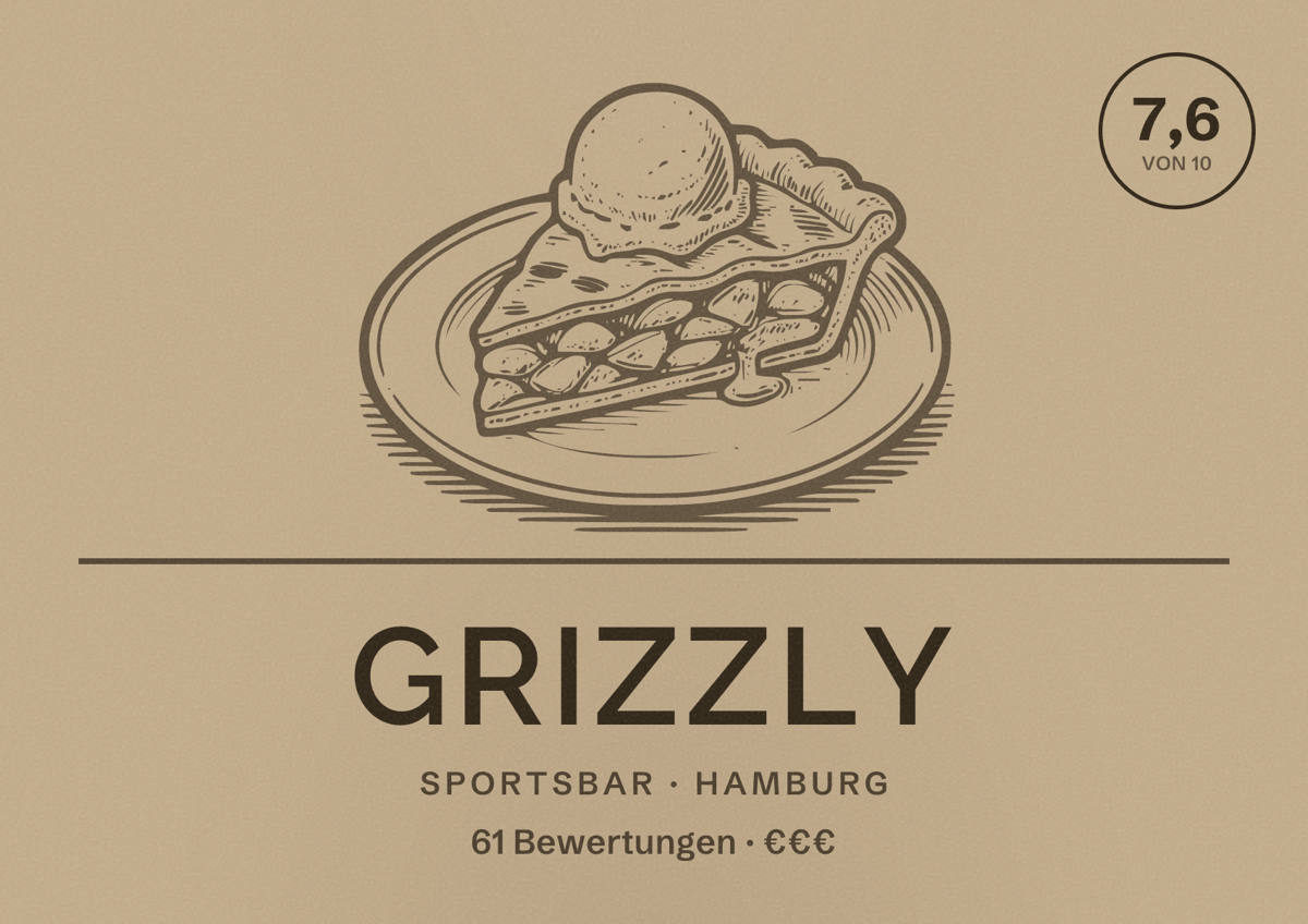 Illustriertes Poster von Grizzly, Sportsbar in Hamburg: Bewertung 7,6 von 10 aus 61 Bewertungen, Preisniveau €€€