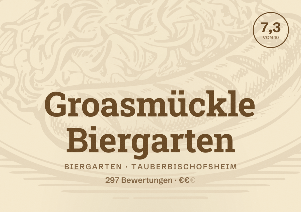 Illustriertes Poster von Groasmückle Biergarten, Biergarten in Tauberbischofsheim: Bewertung 7,3 von 10 aus 297 Bewertungen, Preisniveau €€