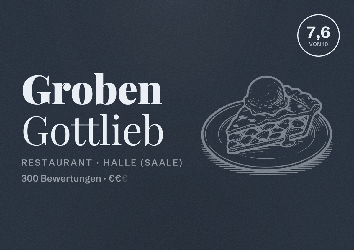 Illustriertes Poster von Groben Gottlieb, Restaurant in Halle (Saale): Bewertung 7,6 von 10 aus 300 Bewertungen, Preisniveau €€
