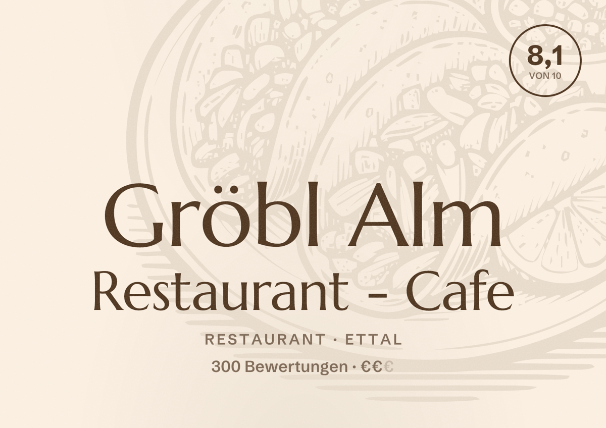 Illustriertes Poster von Gröbl Alm Restaurant - Cafe, Restaurant in Ettal: Bewertung 8,1 von 10 aus 300 Bewertungen, Preisniveau €€