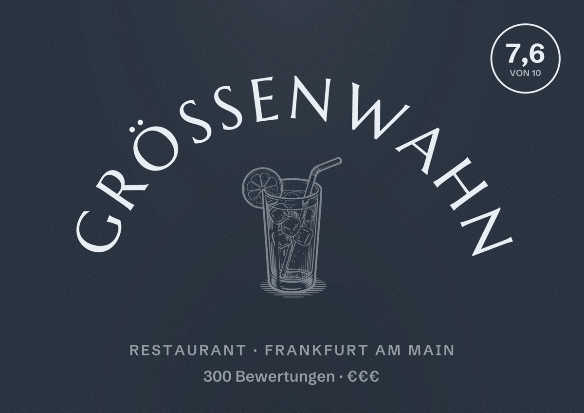 Illustriertes Poster von Größenwahn, Restaurant in Frankfurt am Main: Bewertung 7,6 von 10 aus 300 Bewertungen, Preisniveau €€€