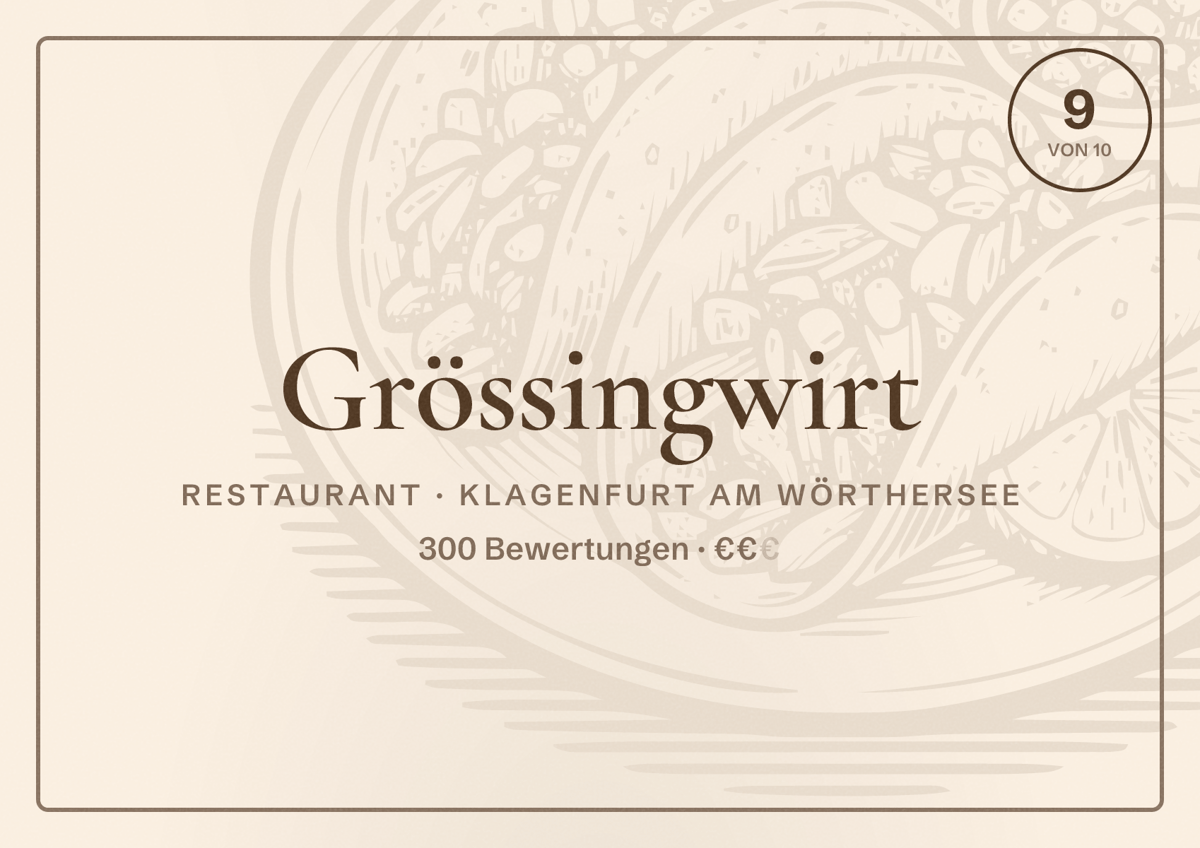 Illustriertes Poster von Grössingwirt, Restaurant in Klagenfurt am Wörthersee: Bewertung 9 von 10 aus 300 Bewertungen, Preisniveau €€