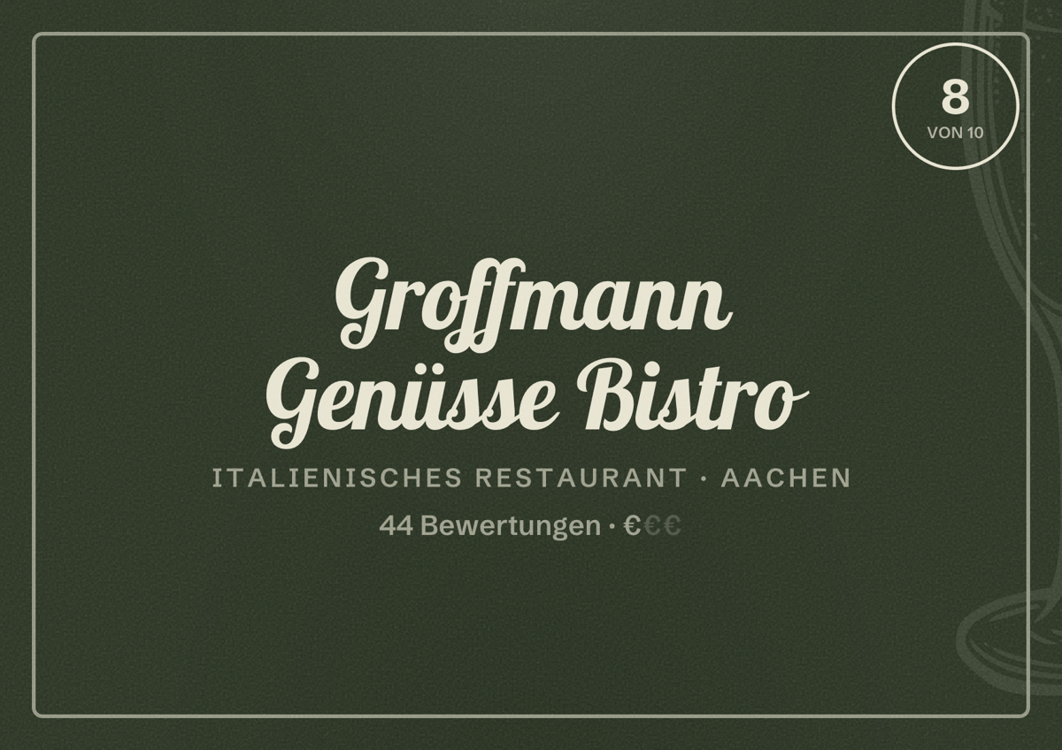 Illustriertes Poster von Groffmann Genüsse Bistro, Italienisches Restaurant in Aachen: Bewertung 8,0 von 10 aus 44 Bewertungen, Preisniveau €