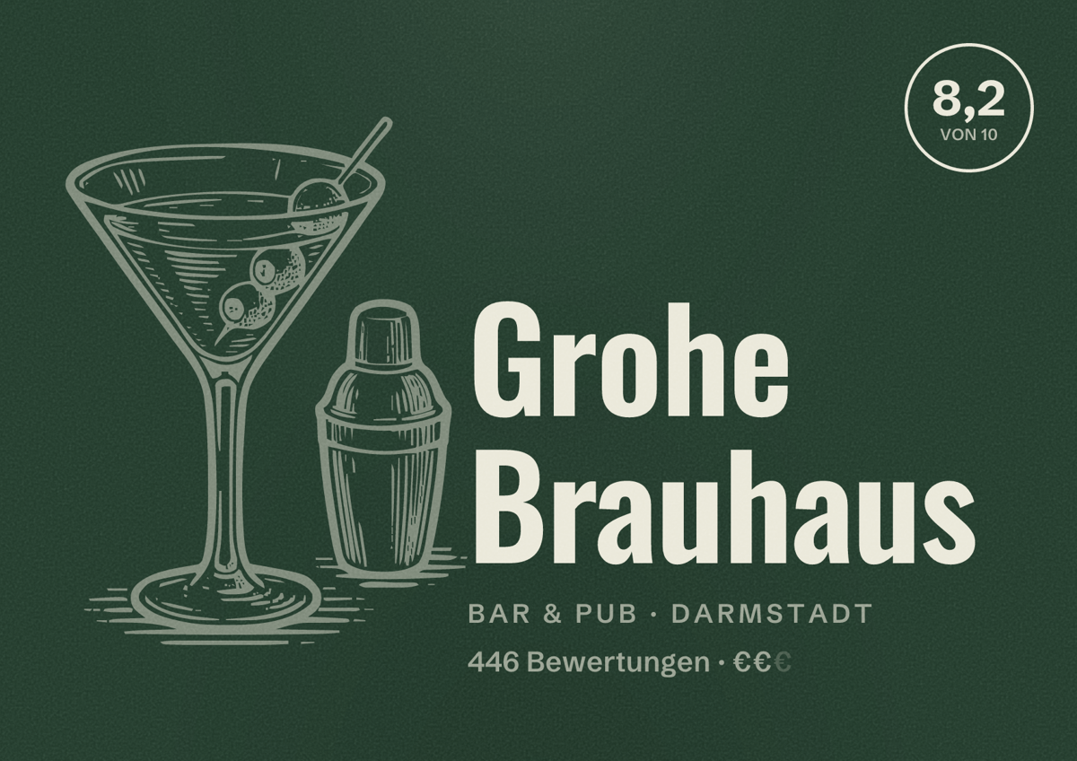Illustriertes Poster von Grohe Brauhaus, Bar & Pub in Darmstadt: Bewertung 8,2 von 10 aus 446 Bewertungen, Preisniveau €€
