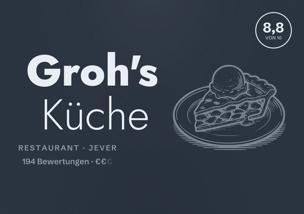 Illustriertes Poster von Groh's Küche, Restaurant in Jever: Bewertung 8,8 von 10 aus 194 Bewertungen, Preisniveau €€