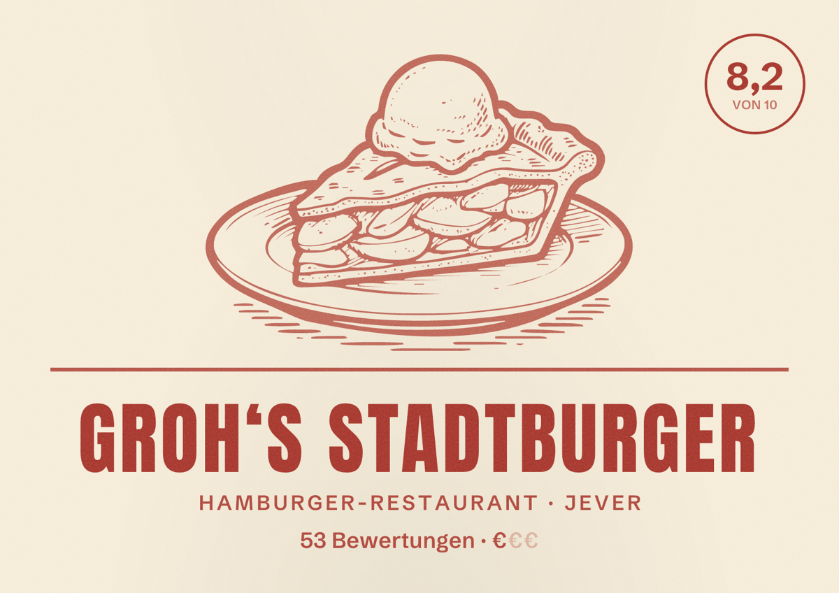 Illustriertes Poster von Groh‘s Stadtburger, Hamburger-Restaurant in Jever: Bewertung 8,2 von 10 aus 53 Bewertungen, Preisniveau €