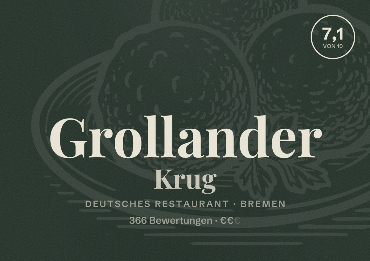 Illustriertes Poster von Grollander Krug, Deutsches Restaurant in Bremen: Bewertung 7,1 von 10 aus 366 Bewertungen, Preisniveau €€