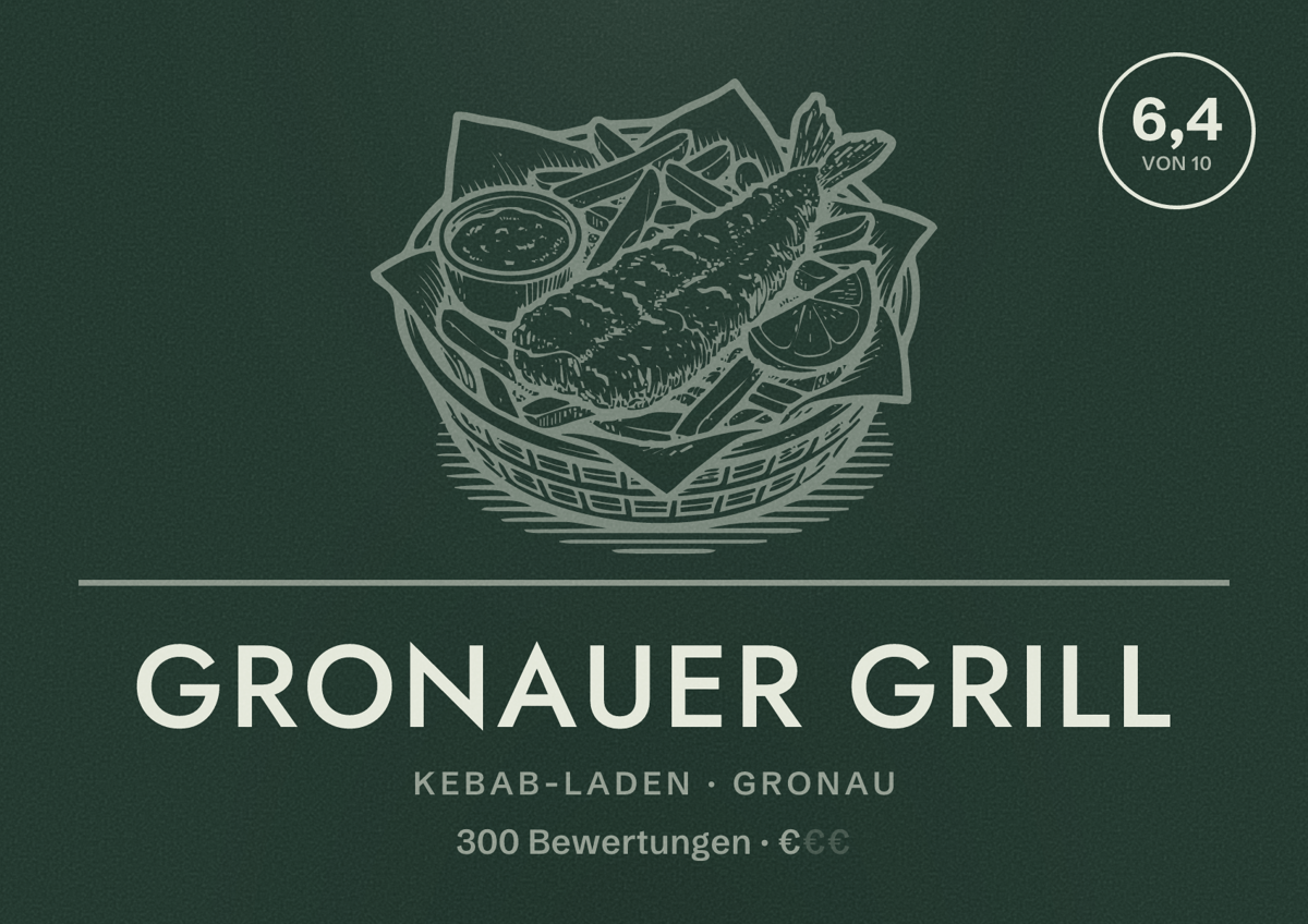 Illustriertes Poster von Gronauer Grill, Kebab-Laden in Gronau: Bewertung 6,4 von 10 aus 300 Bewertungen, Preisniveau €