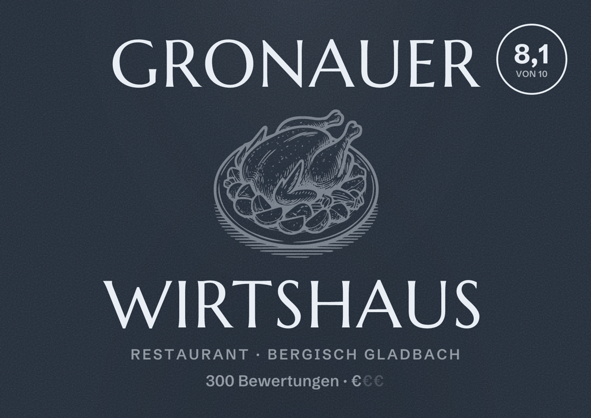 Illustriertes Poster von Gronauer Wirtshaus, Restaurant in Bergisch Gladbach: Bewertung 8,1 von 10 aus 300 Bewertungen, Preisniveau €