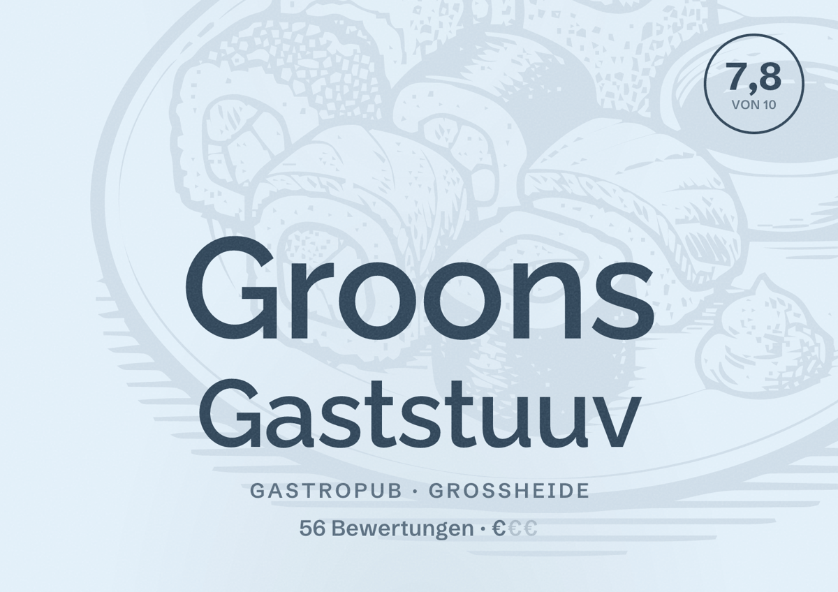 Illustriertes Poster von Groons Gaststuuv, Gastropub in Großheide: Bewertung 7,8 von 10 aus 56 Bewertungen, Preisniveau €