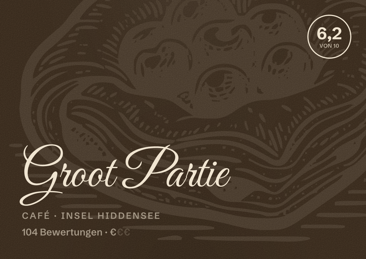 Illustriertes Poster von Groot Partie, Café in Insel Hiddensee: Bewertung 6,2 von 10 aus 104 Bewertungen, Preisniveau €