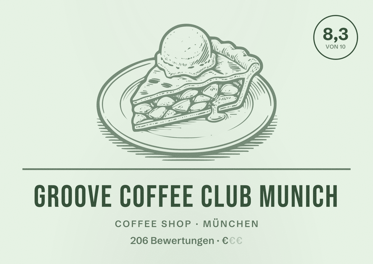 Illustriertes Poster von Groove Coffee Club Munich, Coffee Shop in München: Bewertung 8,3 von 10 aus 206 Bewertungen, Preisniveau €