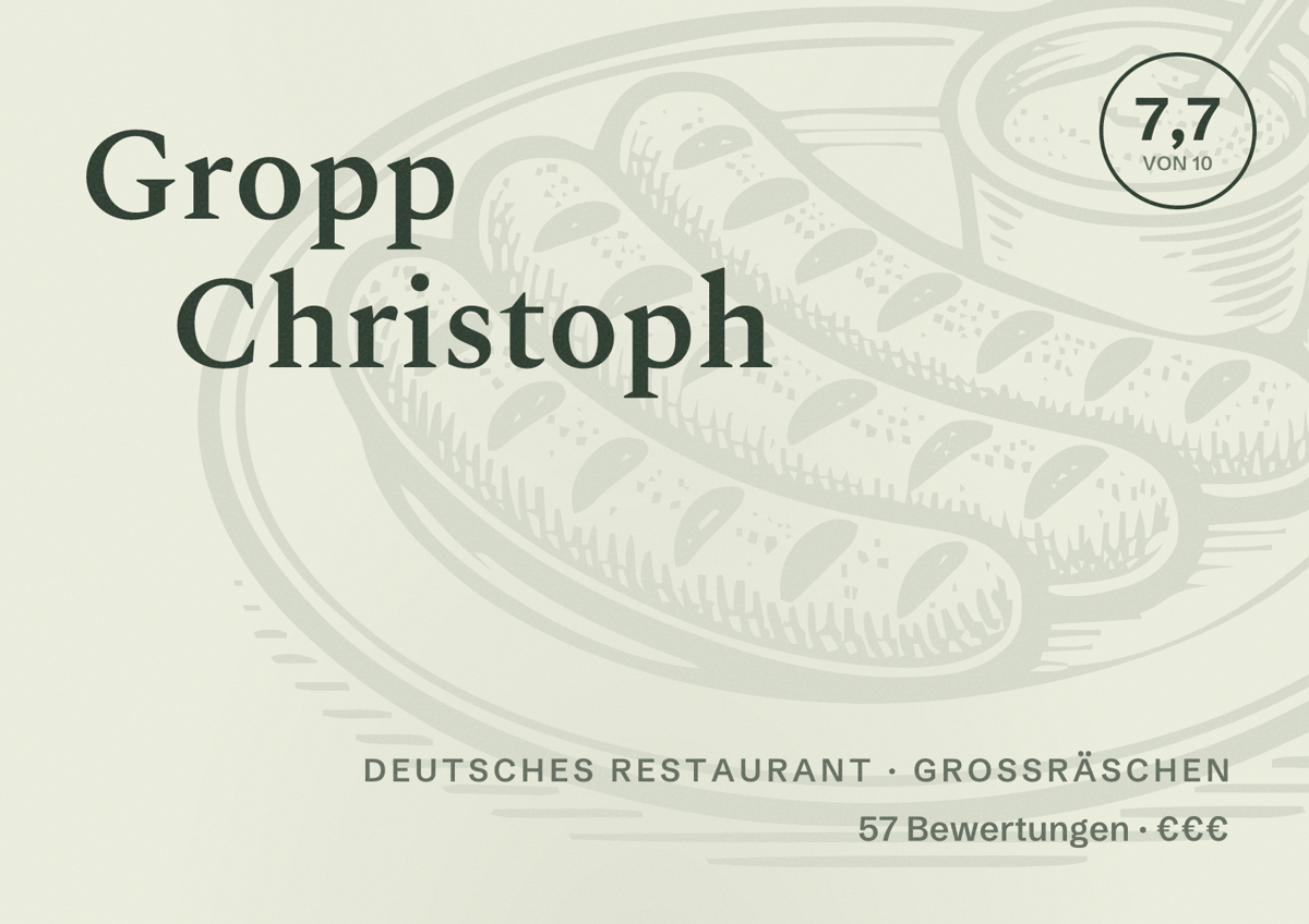 Illustriertes Poster von Gropp Christoph, Deutsches Restaurant in Großräschen: Bewertung 7,7 von 10 aus 57 Bewertungen, Preisniveau €€€
