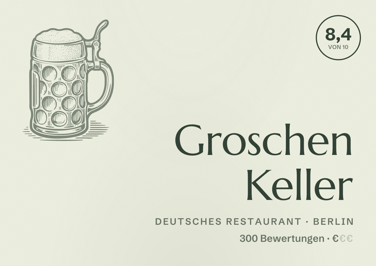 Illustriertes Poster von Groschen Keller, Deutsches Restaurant in Berlin: Bewertung 8,4 von 10 aus 300 Bewertungen, Preisniveau €