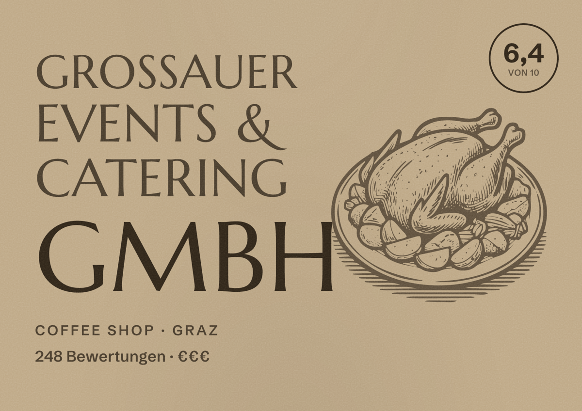 Illustriertes Poster von Grossauer Events & Catering GmbH, Coffee Shop in Graz: Bewertung 6,4 von 10 aus 248 Bewertungen, Preisniveau €€€
