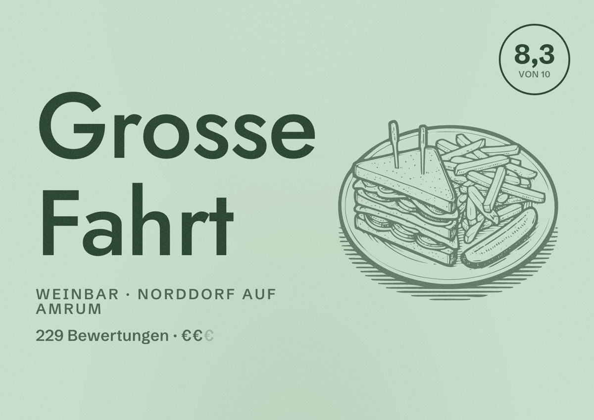 Illustriertes Poster von Grosse Fahrt, Weinbar in Norddorf auf Amrum: Bewertung 8,3 von 10 aus 229 Bewertungen, Preisniveau €€