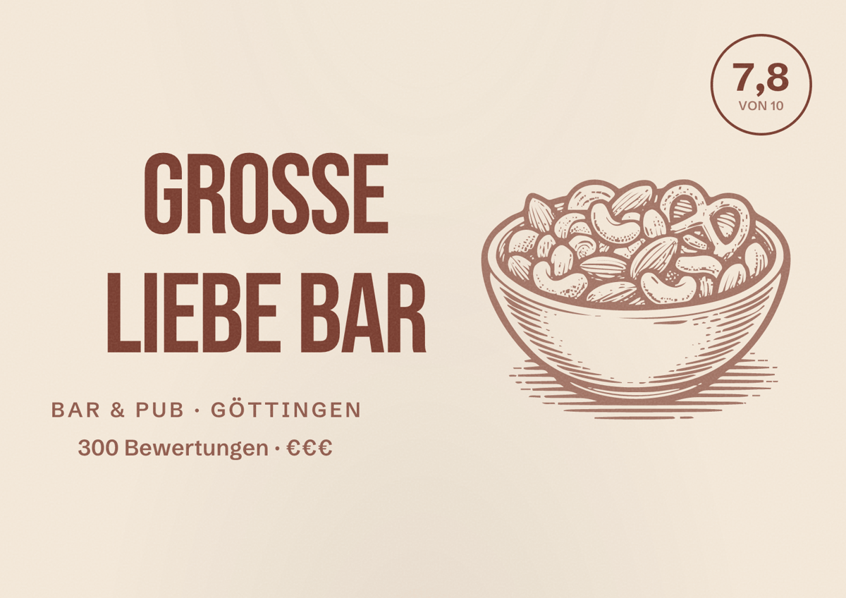 Illustriertes Poster von Große Liebe Bar, Bar & Pub in Göttingen: Bewertung 7,8 von 10 aus 300 Bewertungen, Preisniveau €€€