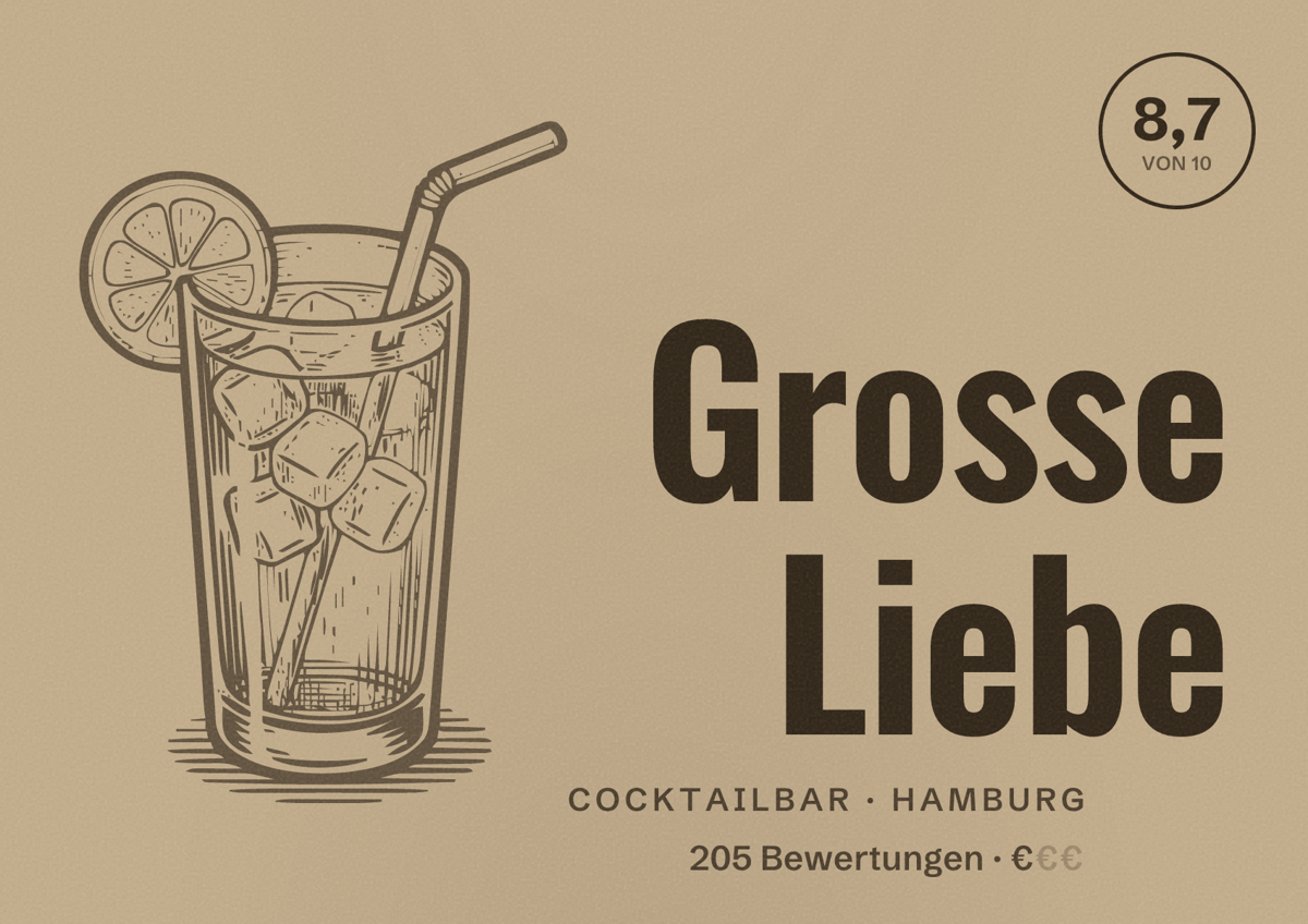 Illustriertes Poster von Grosse Liebe, Cocktailbar in Hamburg: Bewertung 8,7 von 10 aus 205 Bewertungen, Preisniveau €