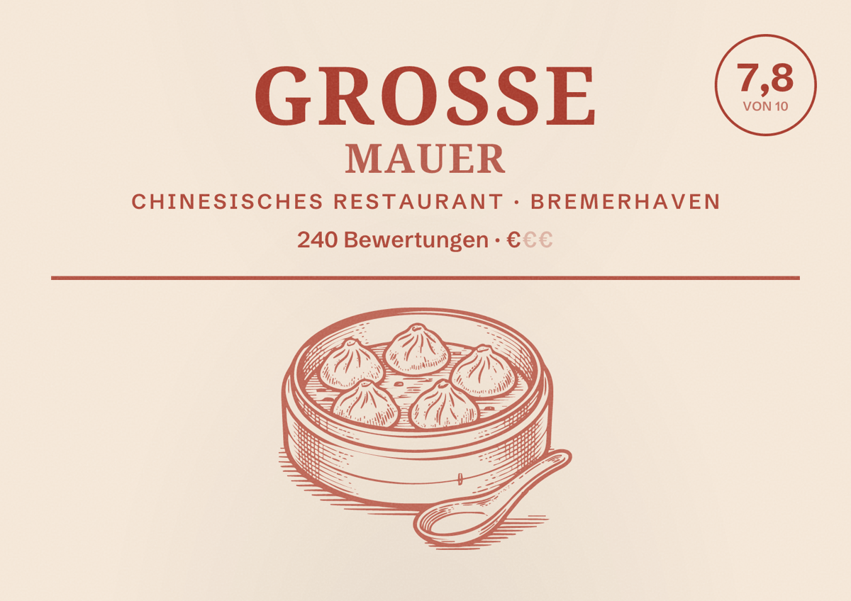 Illustriertes Poster von Große Mauer, Chinesisches Restaurant in Bremerhaven: Bewertung 7,8 von 10 aus 240 Bewertungen, Preisniveau €