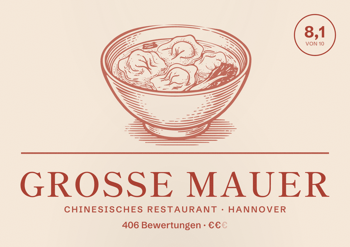 Illustriertes Poster von Große Mauer, Chinesisches Restaurant in Hannover: Bewertung 8,1 von 10 aus 406 Bewertungen, Preisniveau €€