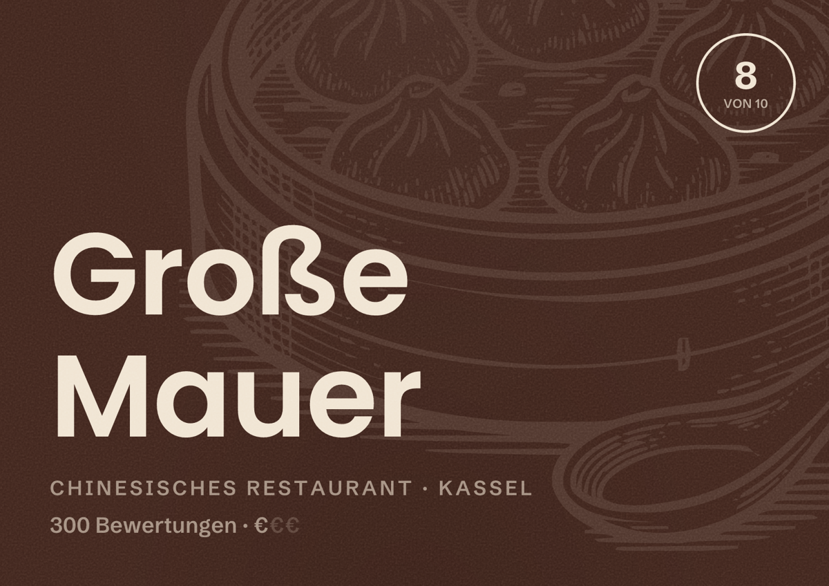 Illustriertes Poster von Große Mauer, Chinesisches Restaurant in Kassel: Bewertung 8 von 10 aus 300 Bewertungen, Preisniveau €