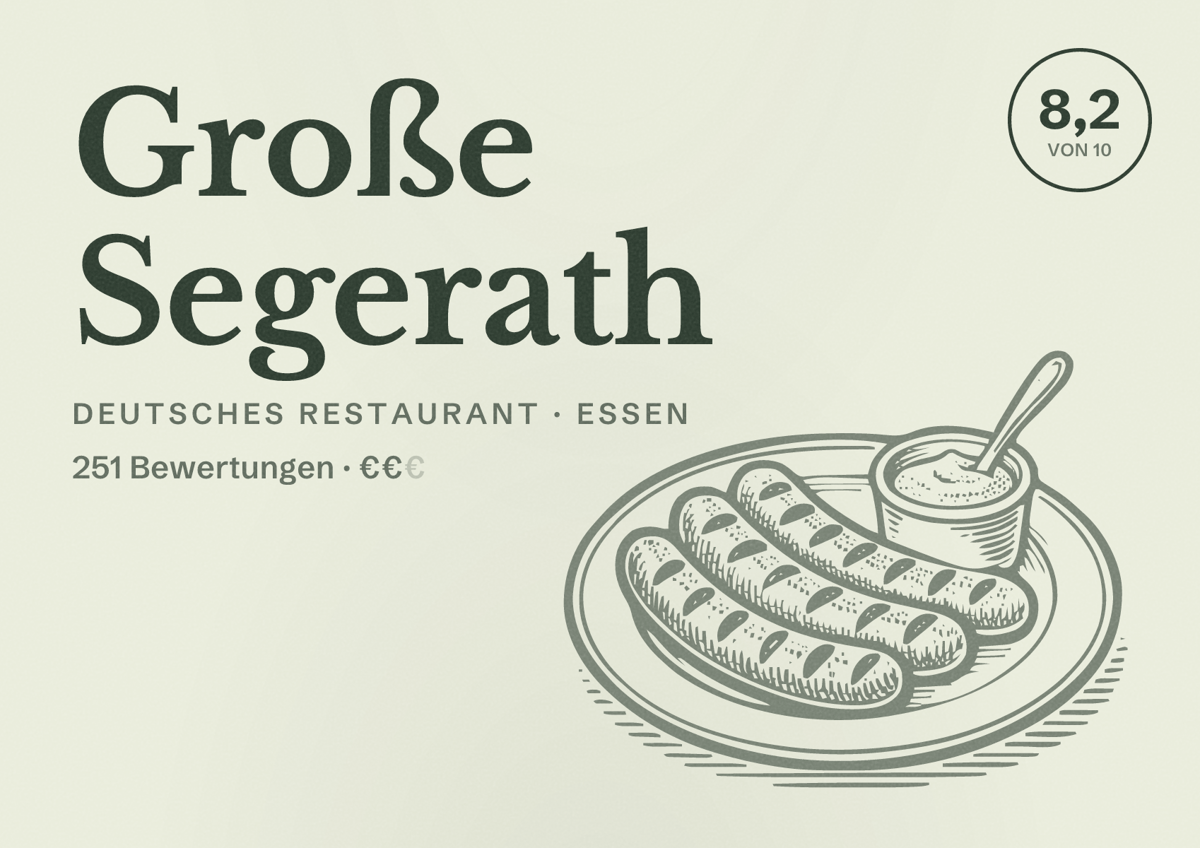 Illustriertes Poster von Große Segerath, Deutsches Restaurant in Essen: Bewertung 8,2 von 10 aus 251 Bewertungen, Preisniveau €€