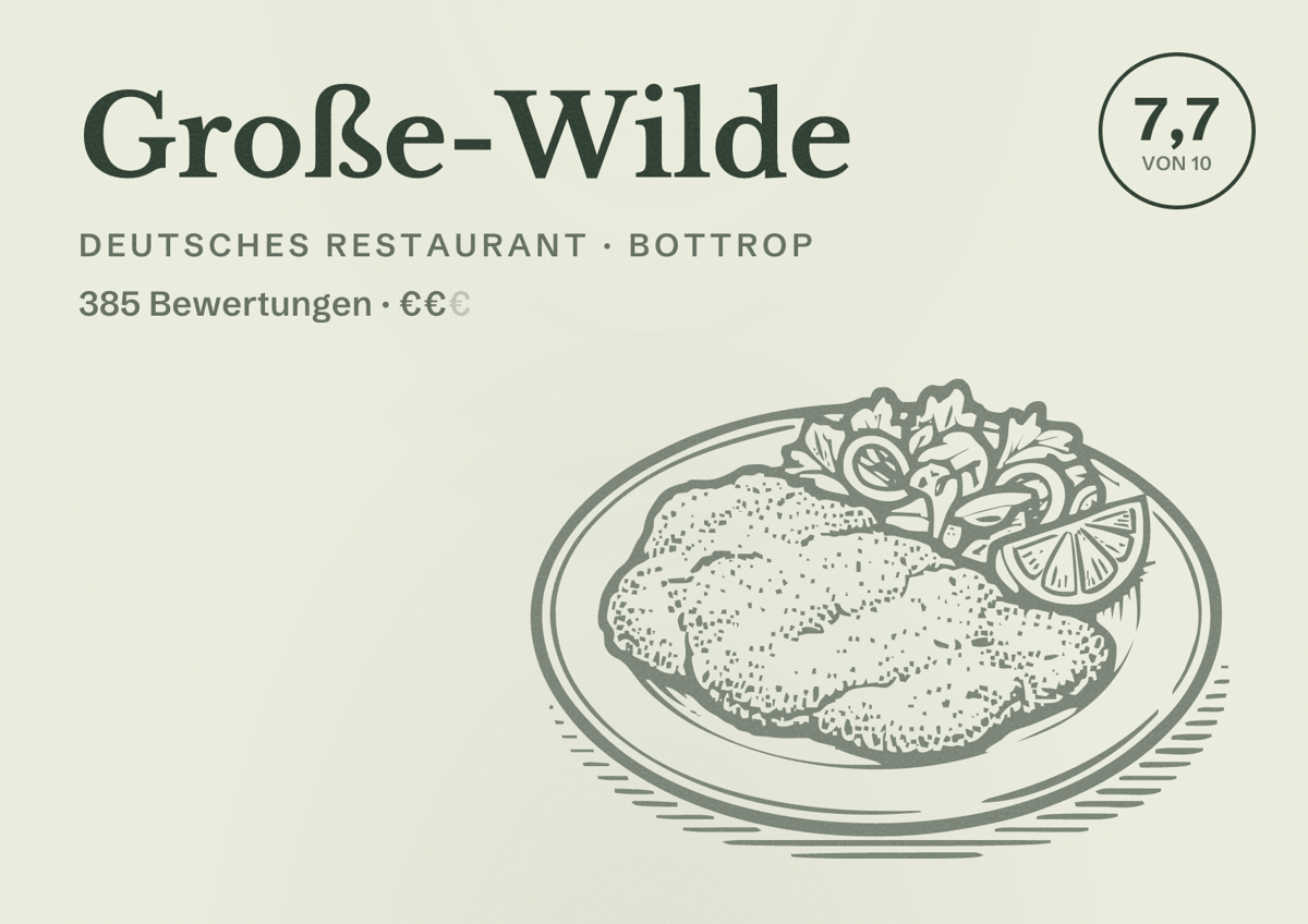 Illustriertes Poster von Große-Wilde, Deutsches Restaurant in Bottrop: Bewertung 7,7 von 10 aus 385 Bewertungen, Preisniveau €€